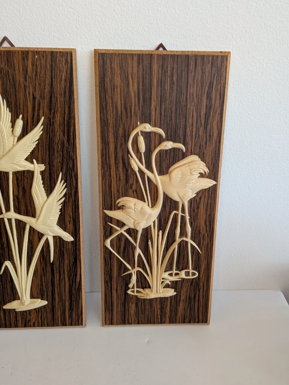 Vintage Bakelite carved Water Fowl on wood Wall Plaques  Set Of 3 Heron Geese